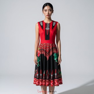 Red velvet ethnic brocade dress with waist belt and flared skirt
